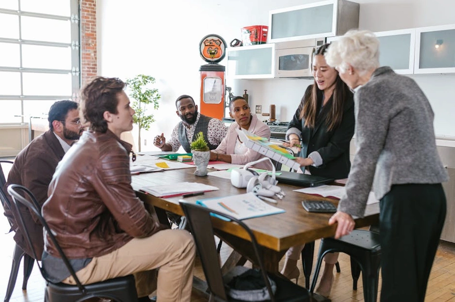 A dynamic team of startup founders collaborating in a modern office.